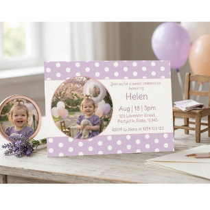 Sweet Lavender Purple Polka Dot Photo Birthday Invitation