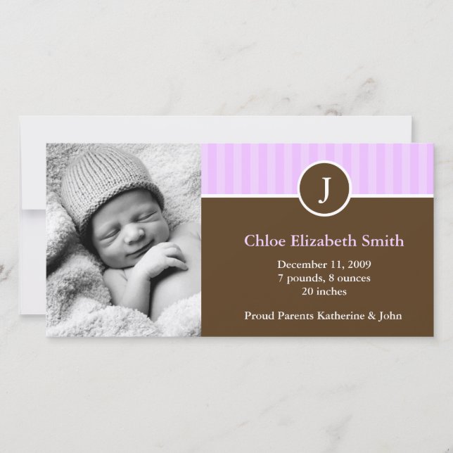 Sweet Lavender Stripes Baby Birth Announcements (Front)