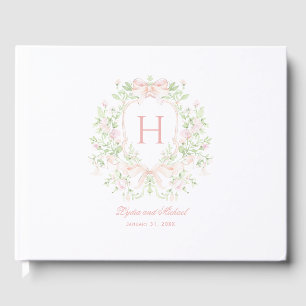 Sweet Leaf Crest w/ Pink Bows Monogram Wedding Guest Book