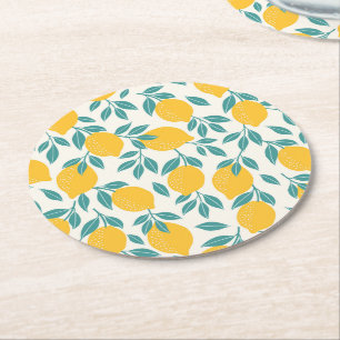 Sweet Lemon Branches Pattern Round Paper Coaster