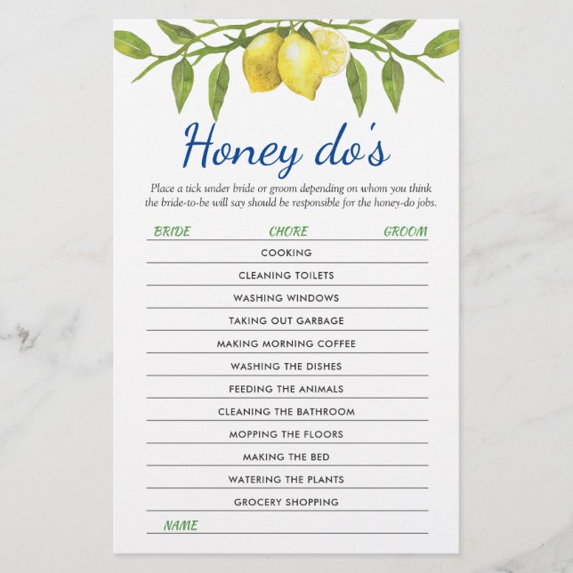 Sweet Lemons & Greenery Chic Bridal Shower Game (Front)