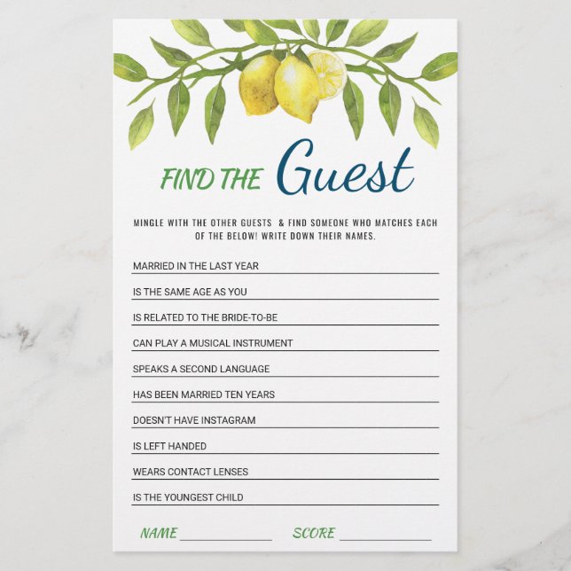 Sweet Lemons & Greenery Chic  Bridal Shower Game (Front)