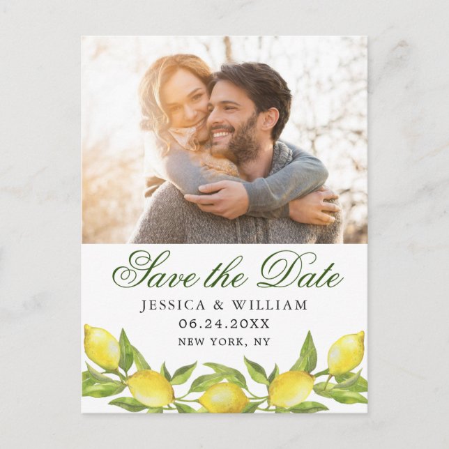 Sweet Lemons Greenery PHOTO Wedding Save the Date Postcard (Front)