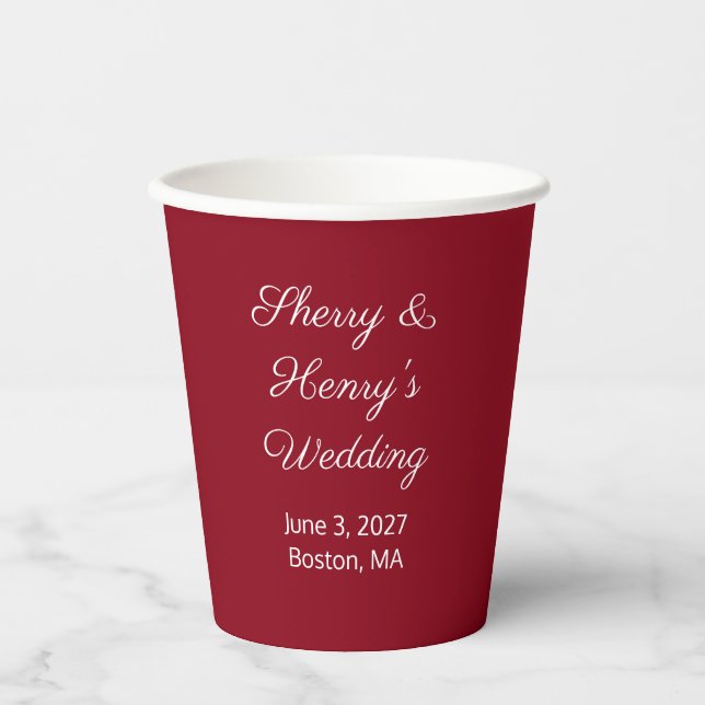 Sweet Letters Maroon & White:  Wedding Paper Cups (Front)