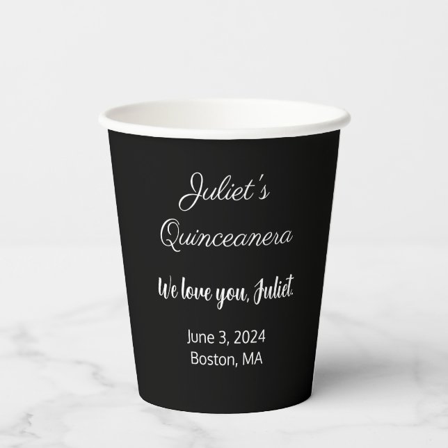 Sweet Letters:  White on Black Quinceanera  Paper Cups (Back)