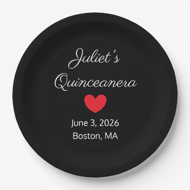 Sweet Letters: White on Black Quinceanera  Paper Plate (Front)