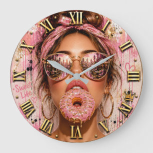 Sweet Life Donut Luxury Fashion Woman Portrait Large Clock