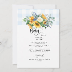 Sweet  Light Blue Gingham Sunflower Baby Shower Invitation