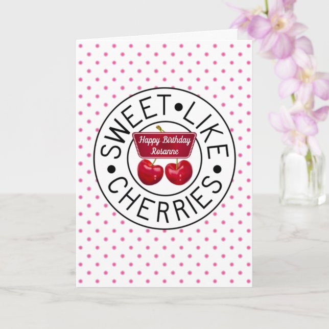 SWEET LIKE CHERRIES Retro Vintage Stamp Birthday Card (Orchid)
