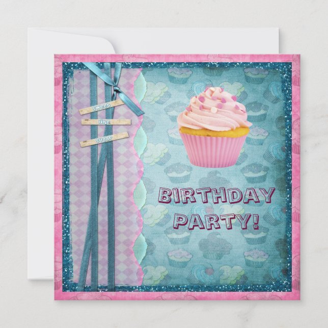 Sweet Like Sugar Cupcakes Glitter Party Invites (Front)