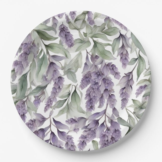 Sweet lilac and sage watercolor paper plate (Front)
