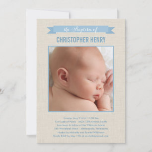 Sweet Linen Photo Baptism Invitation - Blue