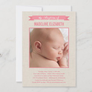 Sweet Linen Photo Baptism Invitation - Pink