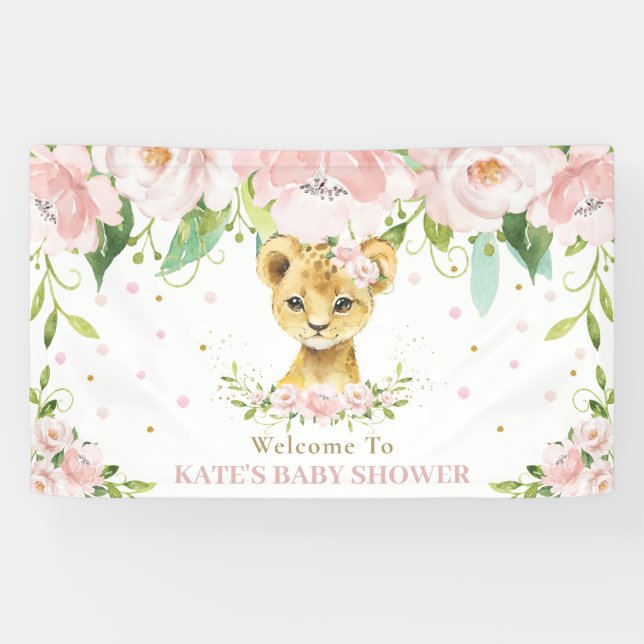 Sweet Lion Cub Blush Pink Floral Backdrop Welcome Banner (Horizontal)