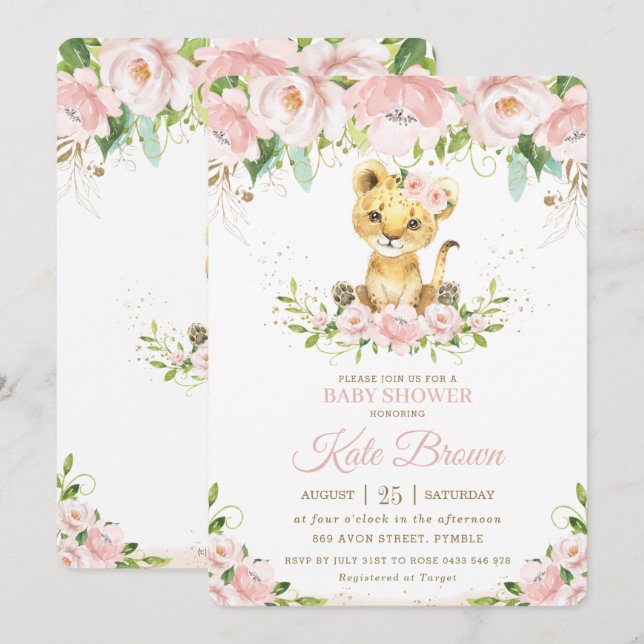 Sweet Lion Cub Blush Pink Floral Girl Baby Shower Invitation (Front/Back)