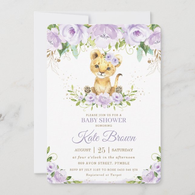 Sweet Lion Cub Purple Floral Girl Baby Shower Invitation (Front)