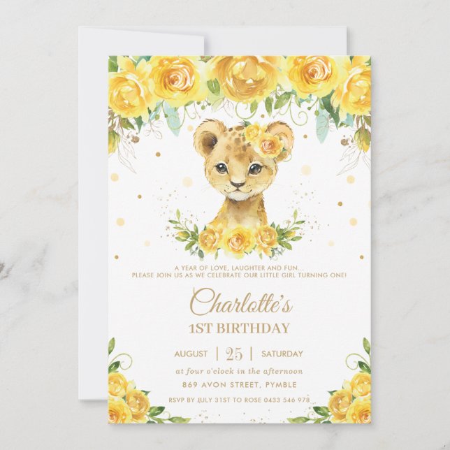 Sweet Lion Cub Yellow Floral Gold 1st Birthday Invitation (Front)