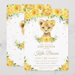 Sweet Lion Yellow Floral Gold Girl Baby Shower Invitation