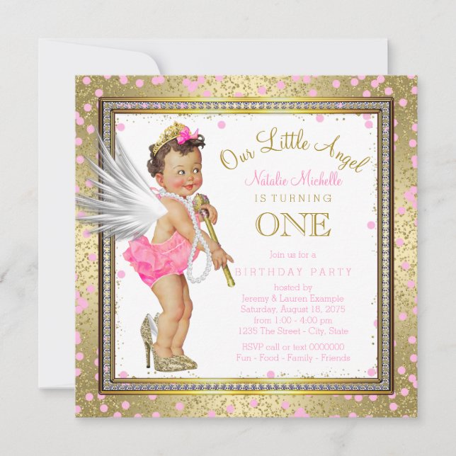 Sweet Little Angel Girls 1st Birthday Party Invitation (Front)