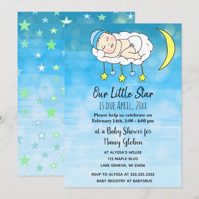 Sweet little Baby Blue stars and moons boys Invitation (Front/Back)