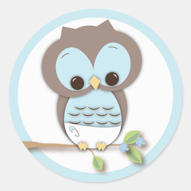 Sweet Little Baby Boy Owl on a Branch Classic Round Sticker (Front)