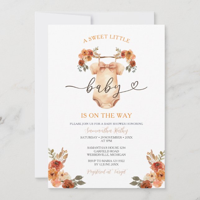 Sweet Little Baby Clothesline Floral Baby Shower Invitation (Front)