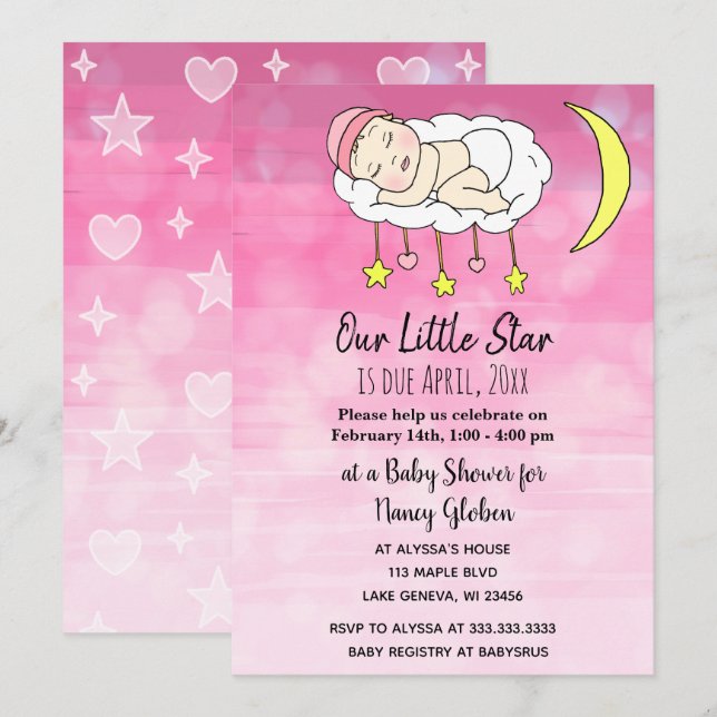 Sweet little Baby pink stars and moons girls Invitation (Front/Back)