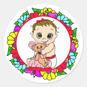 Sweet Little Baby with Teddy Bear Floral Classic Round Sticker