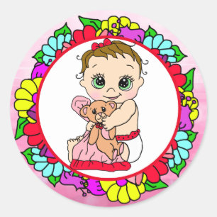 Sweet Little Baby with Teddy Bear Floral Classic Round Sticker