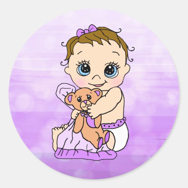 Sweet Little Baby with Teddy Bear Purple Baby Girl Classic Round Sticker (Front)