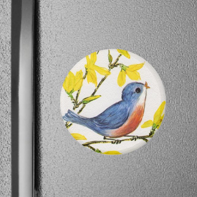 Sweet Little Bird Magnet (Sweet little red and blue bird on branch singing with yellow flowers on faux textured white magnet.)