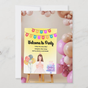 Sweet Little Birthday Girl with Balloons & Cake Th Save The Date