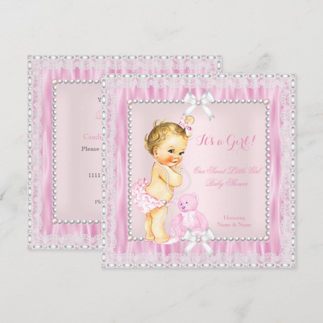 Sweet Little Blonde Girl Baby Shower Pearls Lace Invitation (Front/Back)