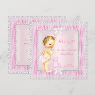 Sweet Little Blonde Girl Baby Shower Pearls Lace Invitation
