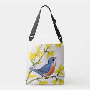 Sweet Little Blue Red Bird on Branch Yellow Flower Crossbody Bag