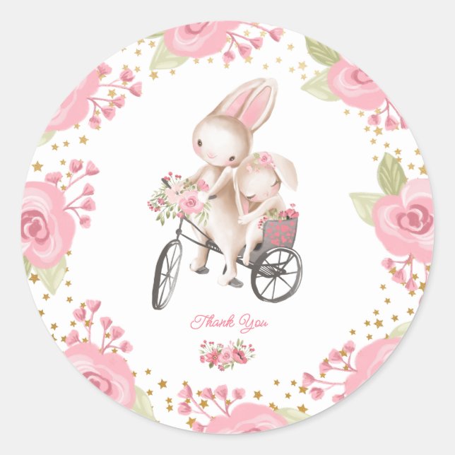 Sweet Little Bunny Baby Girl Shower Classic Round Sticker (Front)