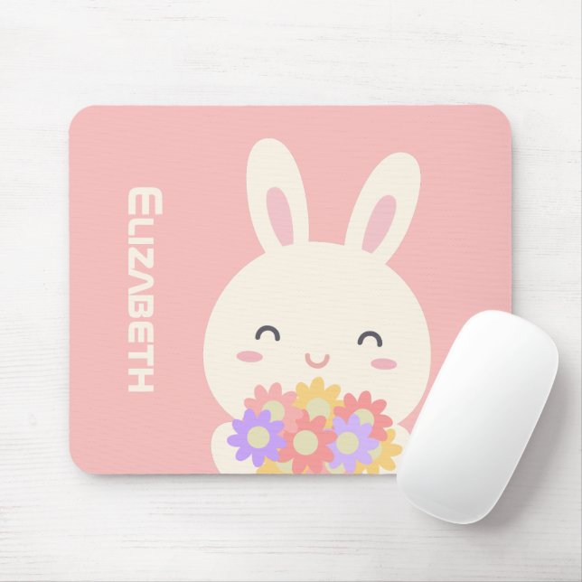 Sweet Little Bunny & Flowers Custom Name Pink Mouse Mat (With Mouse)