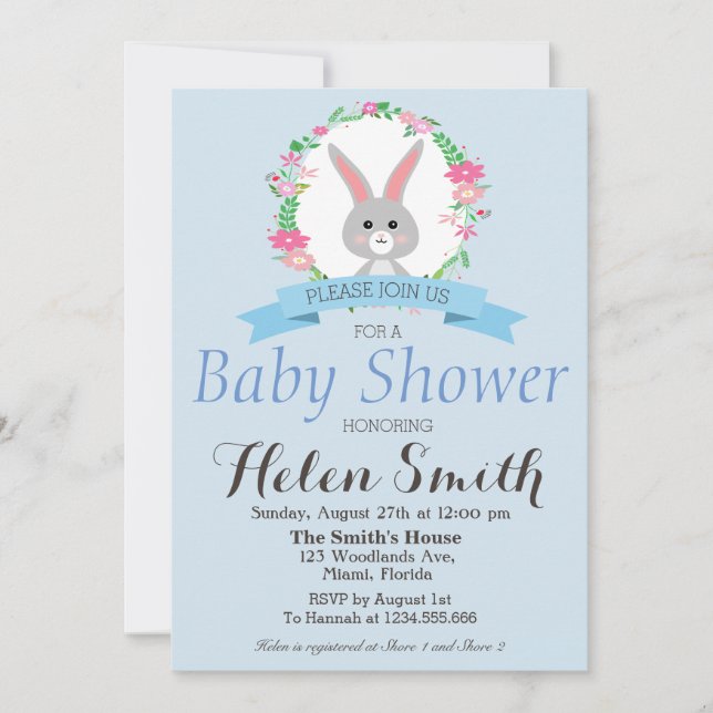Sweet little Bunny with florals wreath baby shower Invitation (Front)