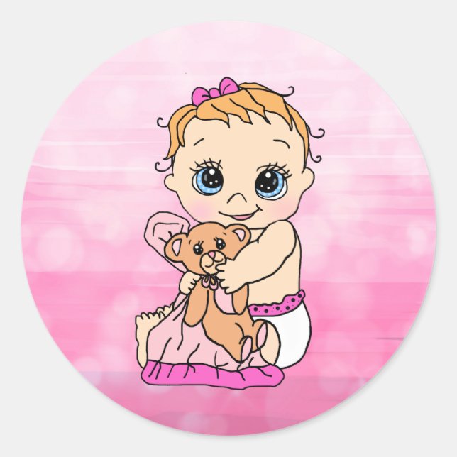 Sweet Little Caucasian Baby with Teddy Bear Classic Round Sticker (Front)