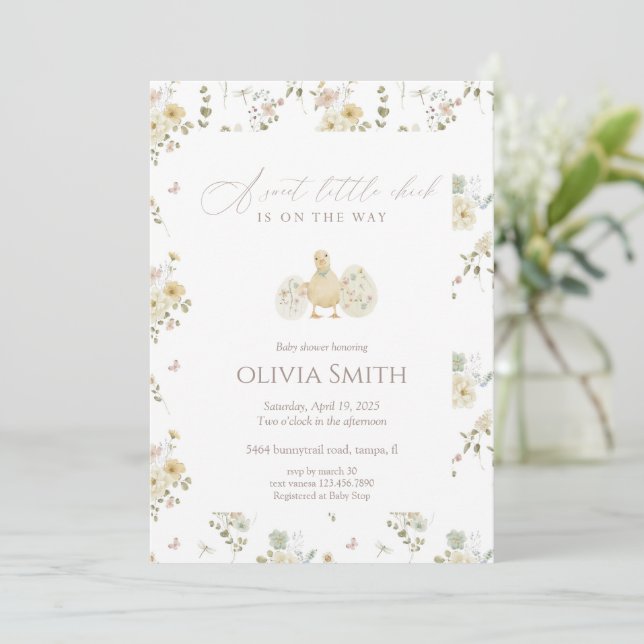Sweet Little Chick Floral Baby Shower Invitation (Standing Front)
