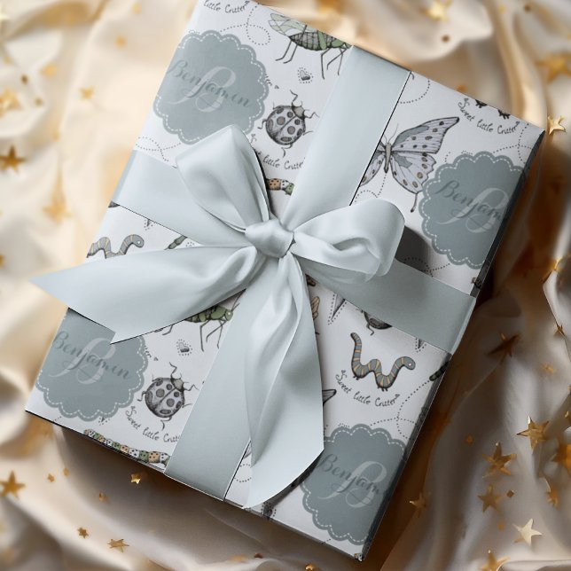 Sweet Little Critter Blue Baby Bugs Insects Kids Wrapping Paper (Cute Pink Baby Boy Hand-Drawn Insects Bugs Pattern, Personalized with Baby Boy's Name & Monogram.)