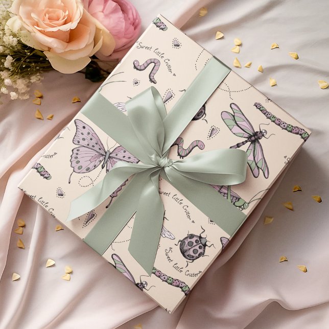 Sweet Little Critter Delicate Blush Pink & Cream Wrapping Paper (An adorable, feminine yet whimsical Insect Wrapping Paper pattern for baby girls or mothers-to-be :))