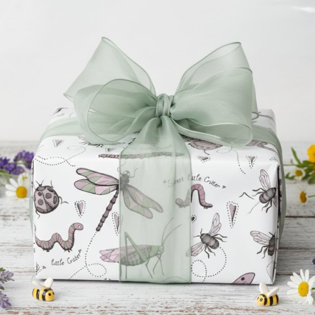 Sweet Little Critter Delicate Blush Pink & White Wrapping Paper (Cute Pink and Sage Green Insects Baby Shower Wrapping Paper for Baby Girl)