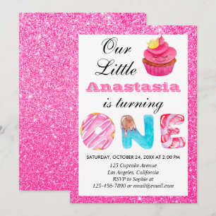 Sweet Little Cupcake Pink Glitter 1st Birthday One Invitation