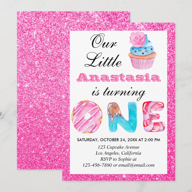Sweet Little Cupcake Pink Glitter 1st Birthday One Invitation (Front/Back)