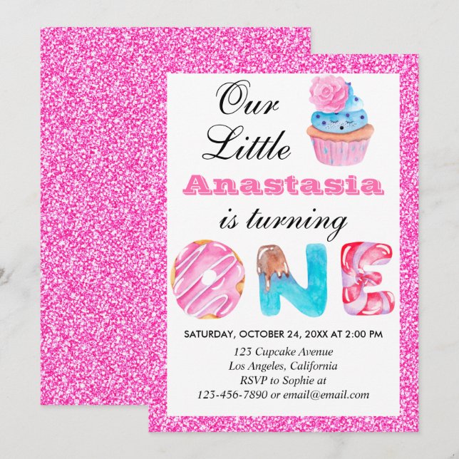 Sweet Little Cupcake Pink Glitter 1st Birthday One Invitation (Front/Back)