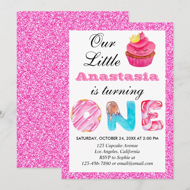 Sweet Little Cupcake Pink Glitter 1st Birthday One Invitation (Front/Back)