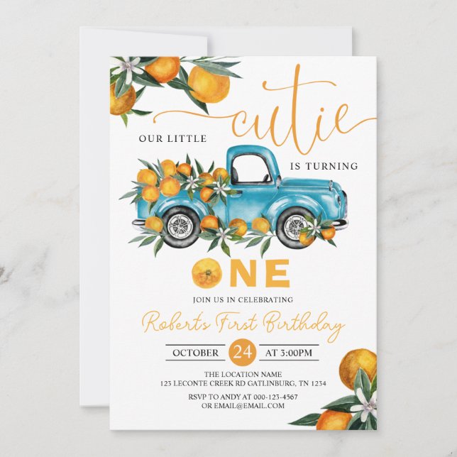 Sweet Little Cutie Orange Citrus First Birthday Invitation (Front)