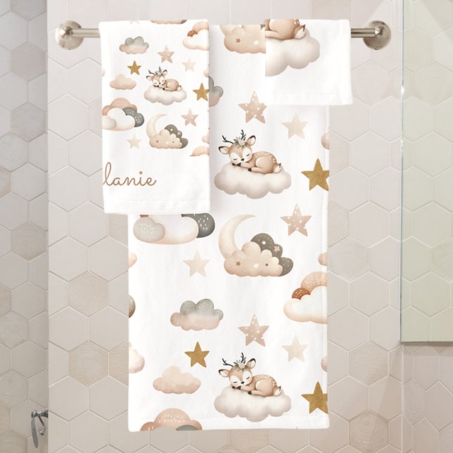 Sweet Little Deer Clouds and Stars Elegant Boho Bath Towel Set (Creator Uploaded)