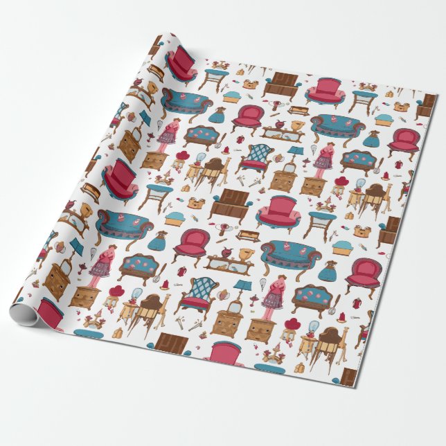 Sweet Little Doll House Furniture Wrapping Paper (Unrolled)